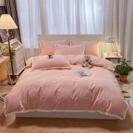 91家纺网 家纺一手货源 找家纺 （总）眠帛家居 2022新款水洗棉磨毛拼色嵌边四件套