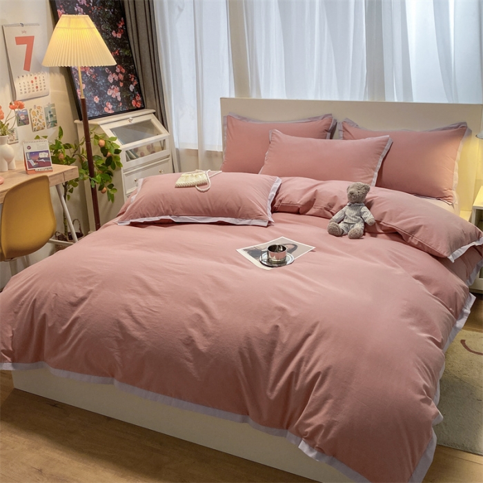 91家纺网 家纺一手货源 找家纺 眠帛家居 2022新款水洗棉磨毛拼色嵌边四件套 豆沙-浅紫