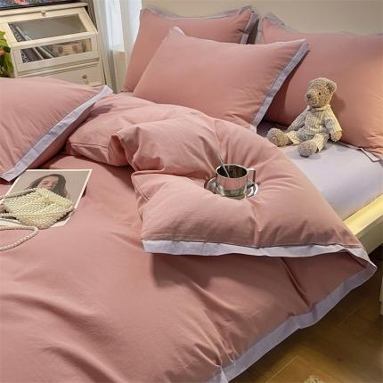 眠帛家居 2022新款水洗棉磨毛拼色嵌边四件套 豆沙-浅紫