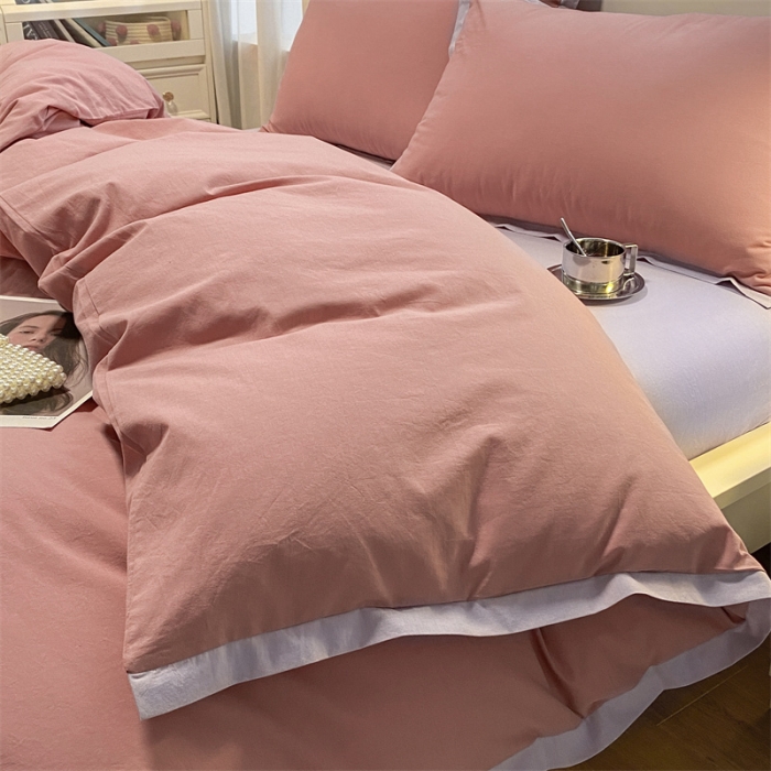 91家纺网 家纺一手货源 找家纺 眠帛家居 2022新款水洗棉磨毛拼色嵌边四件套 豆沙-浅紫
