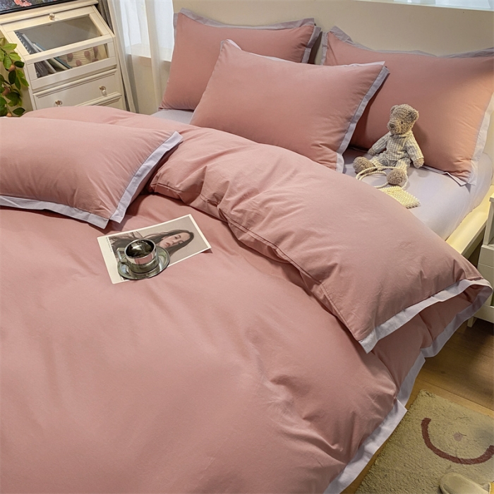 91家纺网 家纺一手货源 找家纺 眠帛家居 2022新款水洗棉磨毛拼色嵌边四件套 豆沙-浅紫