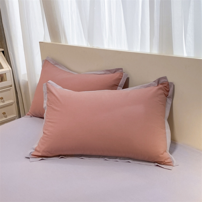 91家纺网 家纺一手货源 找家纺 眠帛家居 2022新款水洗棉磨毛拼色嵌边四件套 豆沙-浅紫