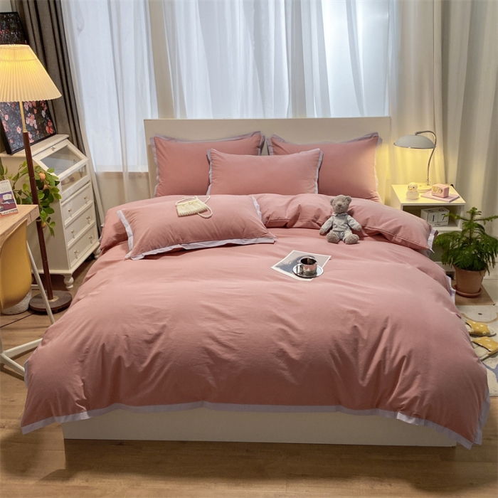 91家纺网 家纺一手货源 找家纺 眠帛家居 2022新款水洗棉磨毛拼色嵌边四件套 豆沙-浅紫