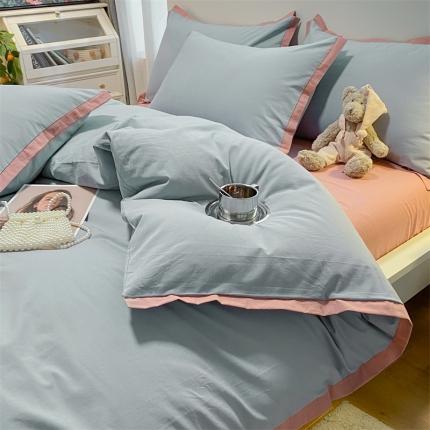眠帛家居 2022新款水洗棉磨毛拼色嵌边四件套 蓝灰-豆沙