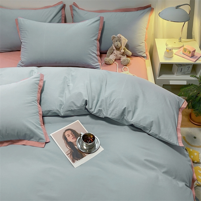 91家纺网 家纺一手货源 找家纺 眠帛家居 2022新款水洗棉磨毛拼色嵌边四件套 蓝灰-豆沙