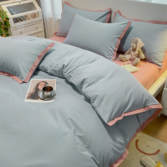 91家纺网 家纺一手货源 找家纺 眠帛家居 2022新款水洗棉磨毛拼色嵌边四件套 蓝灰-豆沙
