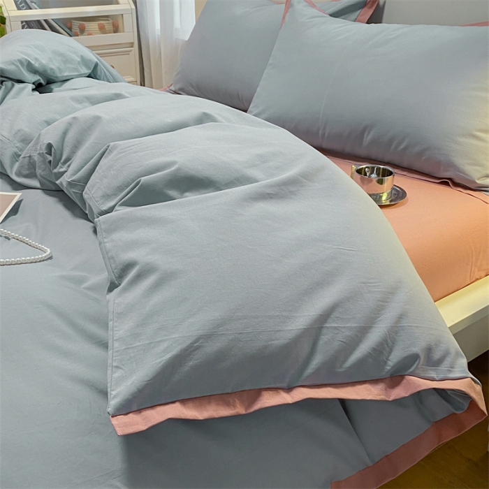91家纺网 家纺一手货源 找家纺 眠帛家居 2022新款水洗棉磨毛拼色嵌边四件套 蓝灰-豆沙