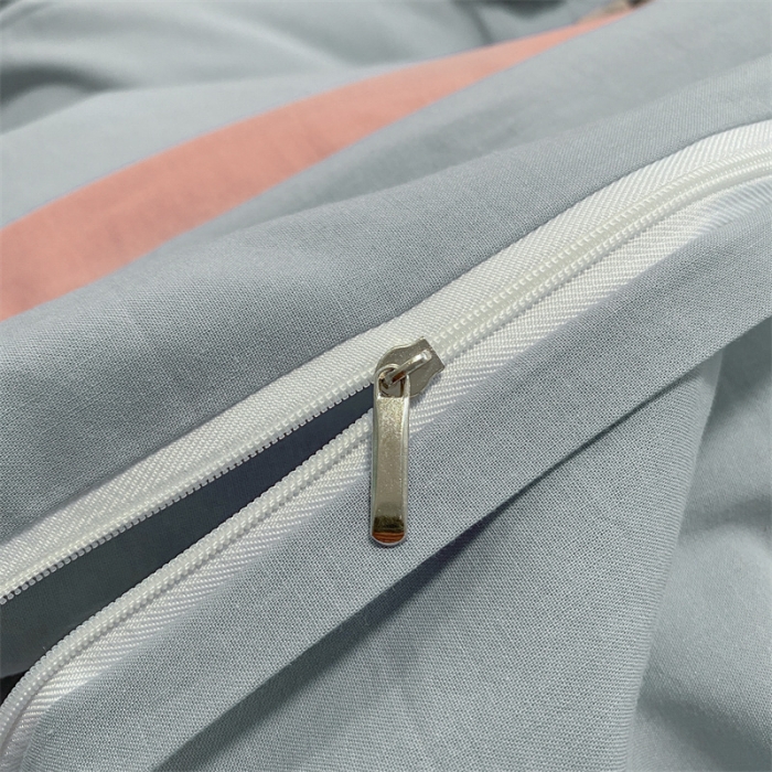 91家纺网 家纺一手货源 找家纺 眠帛家居 2022新款水洗棉磨毛拼色嵌边四件套 蓝灰-豆沙