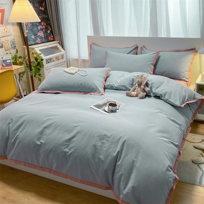 91家纺网 家纺一手货源 找家纺 眠帛家居 2022新款水洗棉磨毛拼色嵌边四件套 蓝灰-豆沙