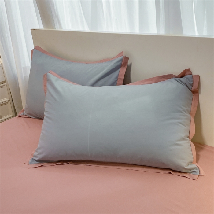 91家纺网 家纺一手货源 找家纺 眠帛家居 2022新款水洗棉磨毛拼色嵌边四件套 蓝灰-豆沙