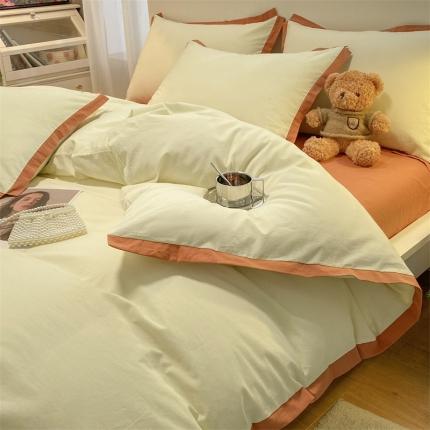 眠帛家居 2022新款水洗棉磨毛拼色嵌边四件套 奶黄-焦糖