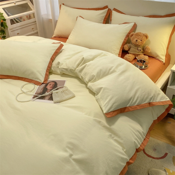 91家纺网 家纺一手货源 找家纺 眠帛家居 2022新款水洗棉磨毛拼色嵌边四件套 奶黄-焦糖