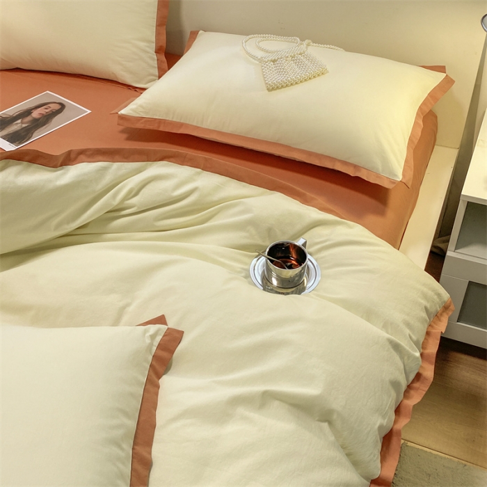 91家纺网 家纺一手货源 找家纺 眠帛家居 2022新款水洗棉磨毛拼色嵌边四件套 奶黄-焦糖