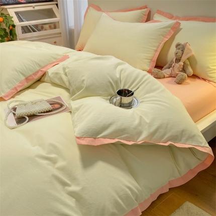 眠帛家居 2022新款水洗棉磨毛拼色嵌边四件套 奶黄-奶油粉