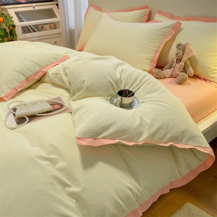 91家纺网 家纺一手货源 找家纺 眠帛家居 2022新款水洗棉磨毛拼色嵌边四件套 奶黄-奶油粉
