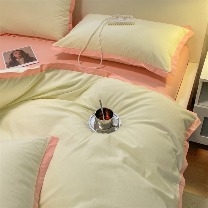 91家纺网 家纺一手货源 找家纺 眠帛家居 2022新款水洗棉磨毛拼色嵌边四件套 奶黄-奶油粉