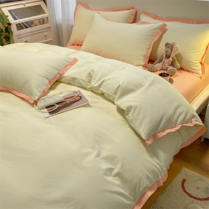 91家纺网 家纺一手货源 找家纺 眠帛家居 2022新款水洗棉磨毛拼色嵌边四件套 奶黄-奶油粉