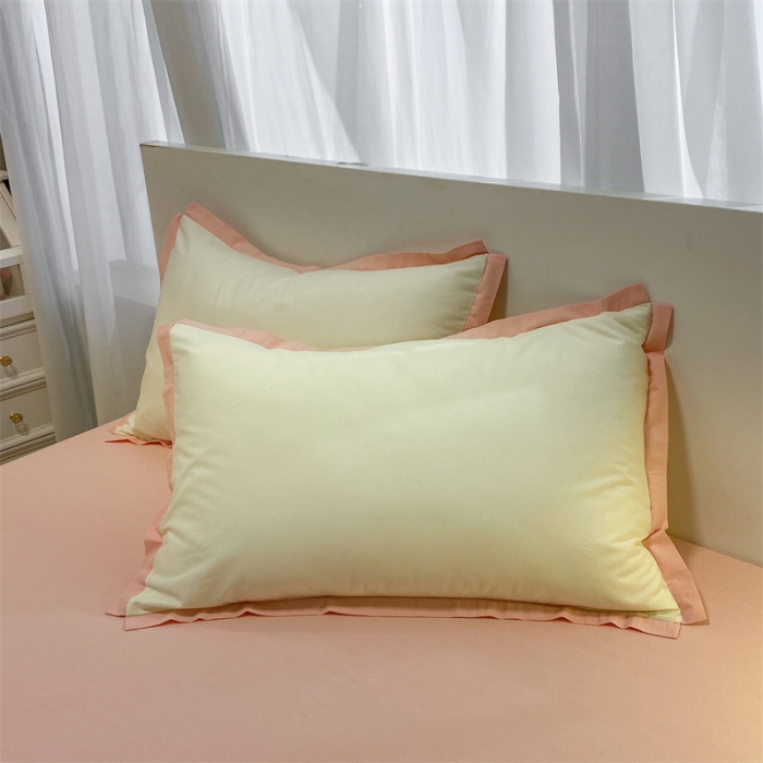 91家纺网 家纺一手货源 找家纺 眠帛家居 2022新款水洗棉磨毛拼色嵌边四件套 奶黄-奶油粉