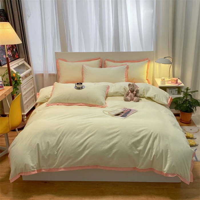 91家纺网 家纺一手货源 找家纺 眠帛家居 2022新款水洗棉磨毛拼色嵌边四件套 奶黄-奶油粉