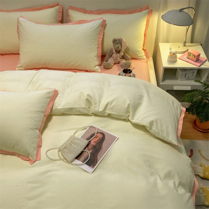 91家纺网 家纺一手货源 找家纺 眠帛家居 2022新款水洗棉磨毛拼色嵌边四件套 奶黄-奶油粉