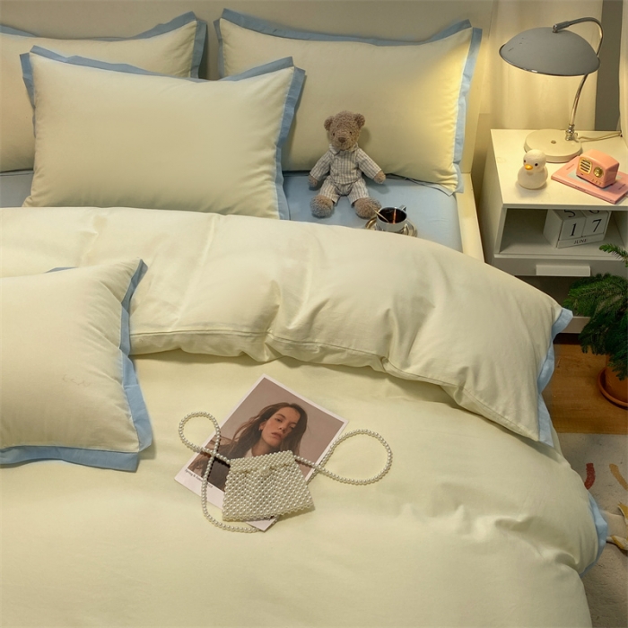 91家纺网 家纺一手货源 找家纺 眠帛家居 2022新款水洗棉磨毛拼色嵌边四件套 奶黄-天空蓝