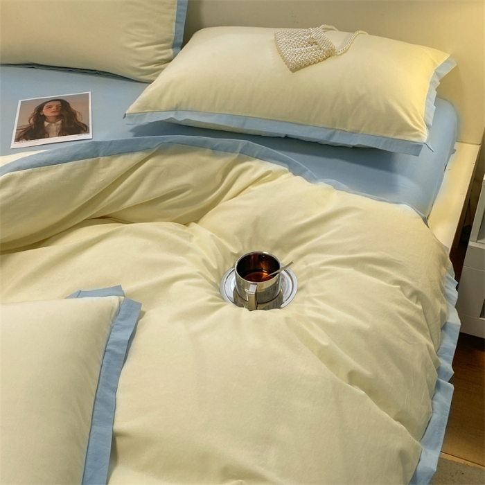 91家纺网 家纺一手货源 找家纺 眠帛家居 2022新款水洗棉磨毛拼色嵌边四件套 奶黄-天空蓝