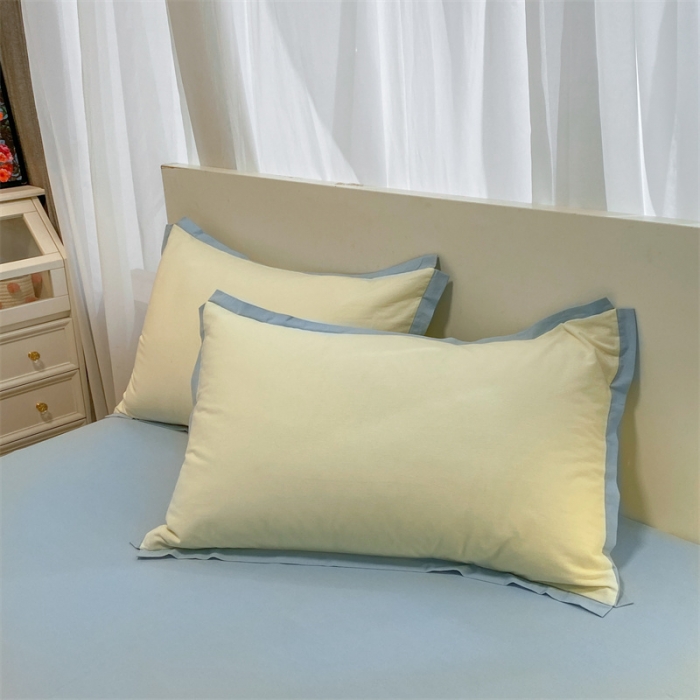 91家纺网 家纺一手货源 找家纺 眠帛家居 2022新款水洗棉磨毛拼色嵌边四件套 奶黄-天空蓝