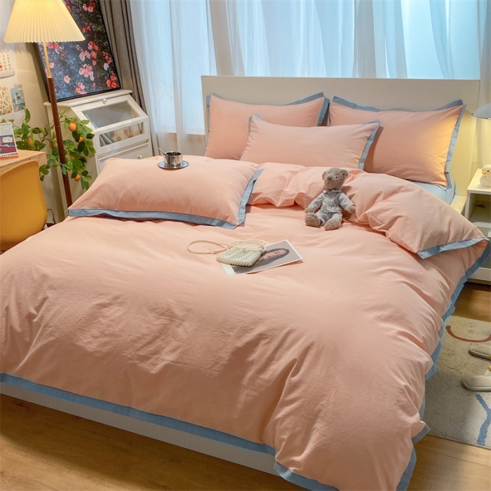 91家纺网 家纺一手货源 找家纺 眠帛家居 2022新款水洗棉磨毛拼色嵌边四件套 奶油粉-蓝灰