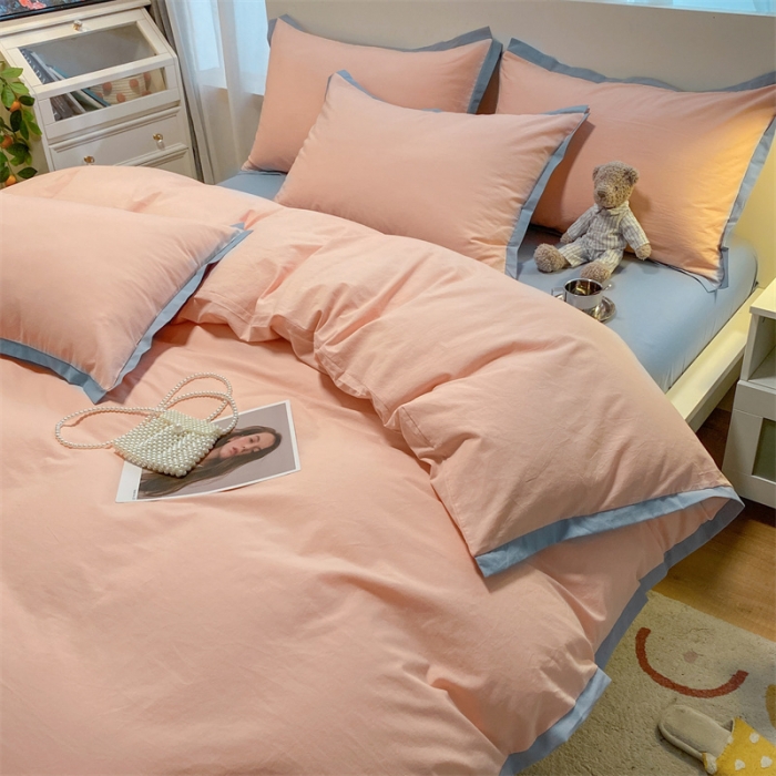 91家纺网 家纺一手货源 找家纺 眠帛家居 2022新款水洗棉磨毛拼色嵌边四件套 奶油粉-蓝灰