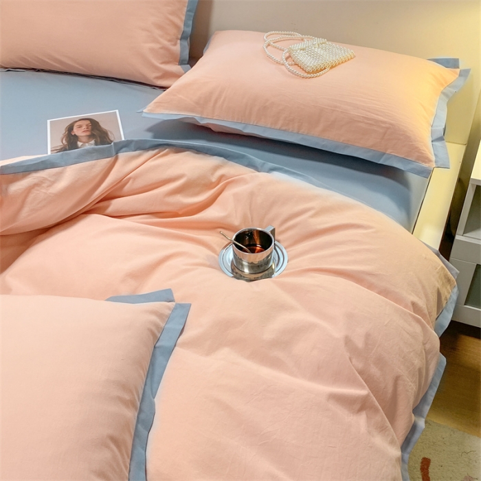 91家纺网 家纺一手货源 找家纺 眠帛家居 2022新款水洗棉磨毛拼色嵌边四件套 奶油粉-蓝灰