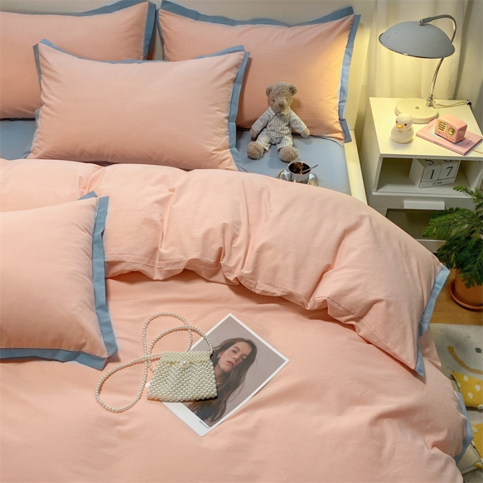 91家纺网 家纺一手货源 找家纺 眠帛家居 2022新款水洗棉磨毛拼色嵌边四件套 奶油粉-蓝灰