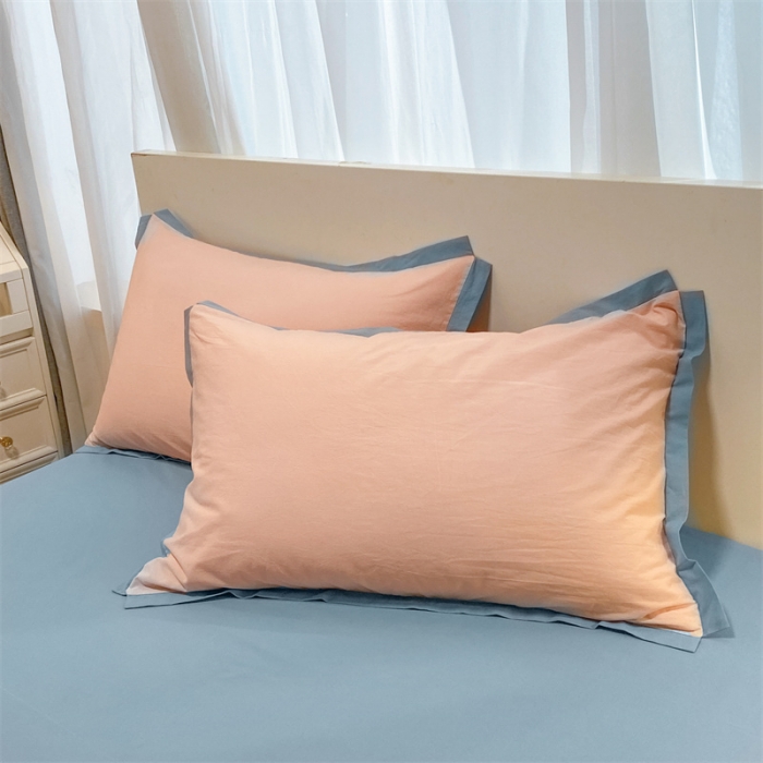 91家纺网 家纺一手货源 找家纺 眠帛家居 2022新款水洗棉磨毛拼色嵌边四件套 奶油粉-蓝灰