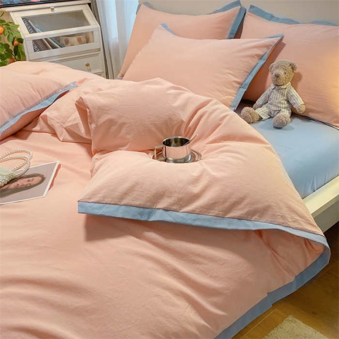 91家纺网 家纺一手货源 找家纺 眠帛家居 2022新款水洗棉磨毛拼色嵌边四件套 奶油粉-蓝灰