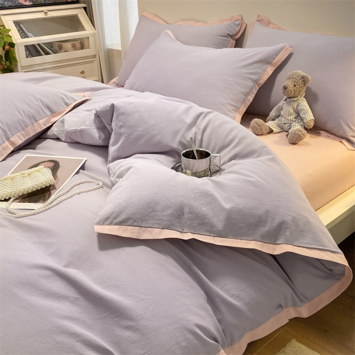 91家纺网 家纺一手货源 找家纺 眠帛家居 2022新款水洗棉磨毛拼色嵌边四件套 浅紫-奶油粉