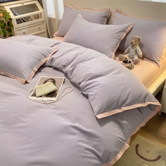 91家纺网 家纺一手货源 找家纺 眠帛家居 2022新款水洗棉磨毛拼色嵌边四件套 浅紫-奶油粉