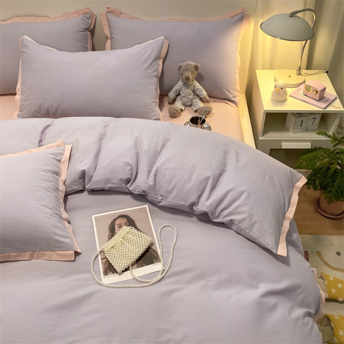 91家纺网 家纺一手货源 找家纺 眠帛家居 2022新款水洗棉磨毛拼色嵌边四件套 浅紫-奶油粉