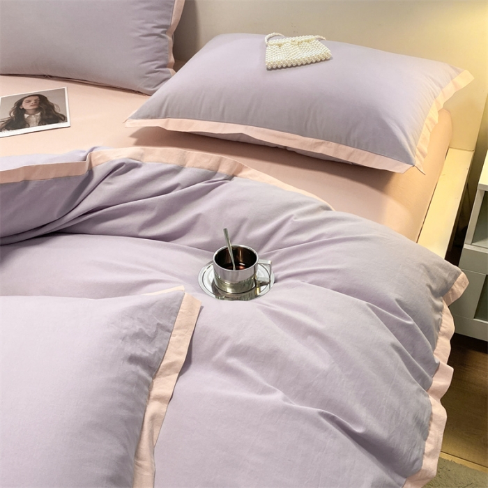 91家纺网 家纺一手货源 找家纺 眠帛家居 2022新款水洗棉磨毛拼色嵌边四件套 浅紫-奶油粉