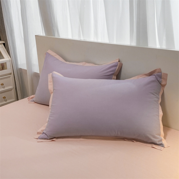 91家纺网 家纺一手货源 找家纺 眠帛家居 2022新款水洗棉磨毛拼色嵌边四件套 浅紫-奶油粉