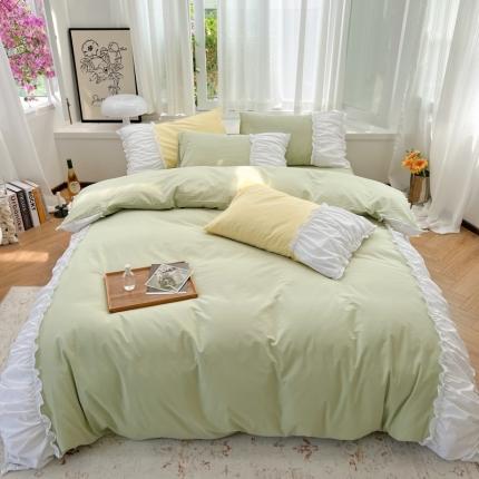 91家纺网 家纺一手货源 找家纺 顾里 2023新款法式甜美褶边全棉四件套-纯色甜美系 橄榄绿