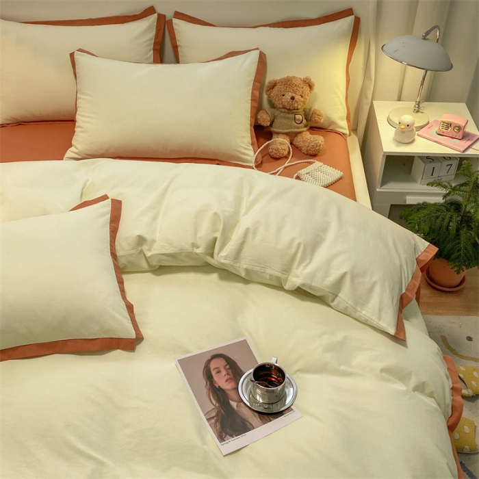 91家纺网 家纺一手货源 找家纺 （总）眠帛家居 2022新款水洗棉磨毛拼色嵌边四件套