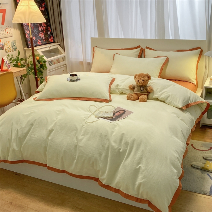 91家纺网 家纺一手货源 找家纺 （总）眠帛家居 2022新款水洗棉磨毛拼色嵌边四件套