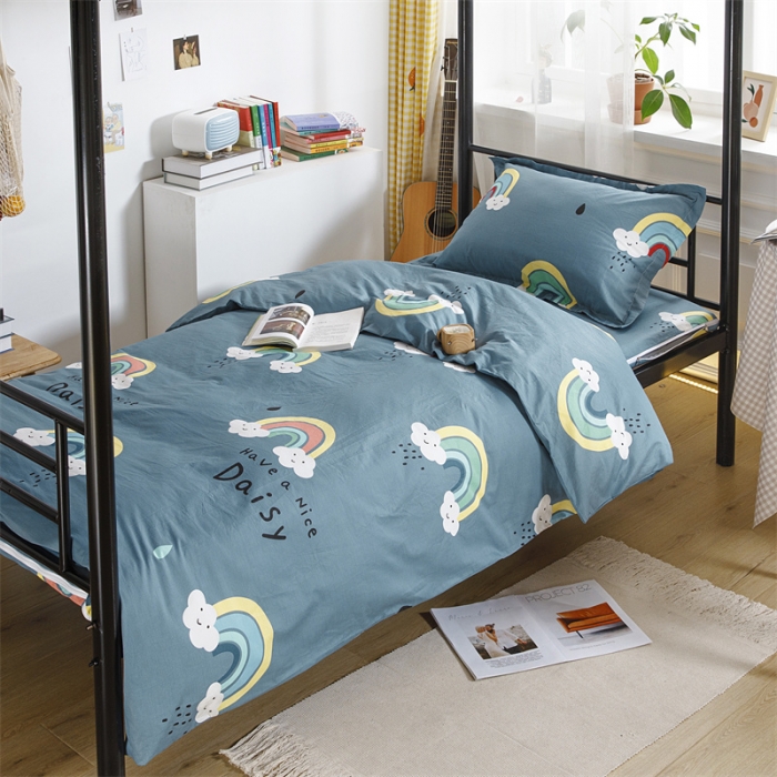 91家纺网 家纺一手货源 找家纺 凌云家纺 2025新款全棉学生全包床笠三件套 雨后彩虹蓝