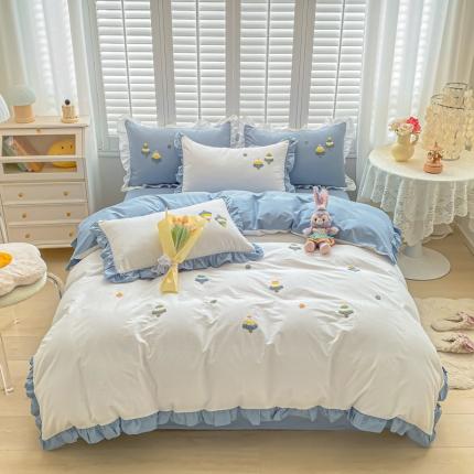 泽西 2022新款全棉花边毛巾绣四件套 圣诞树-白拼蓝