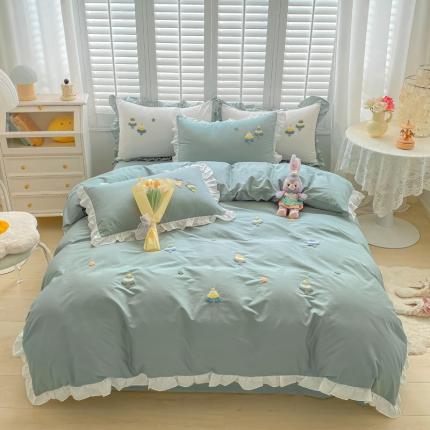 泽西 2022新款全棉花边毛巾绣四件套 圣诞树绿