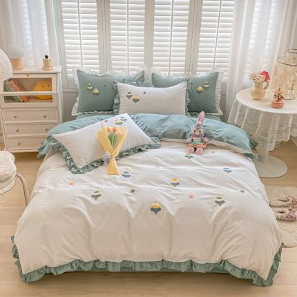 泽西 2022新款全棉花边毛巾绣四件套 圣诞树白拼绿