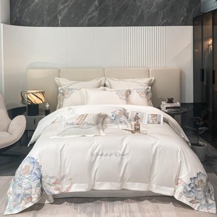 91家纺网 家纺一手货源 找家纺 总魅都新款100s阿克苏长绒棉刺绣四件套-荷塘月色