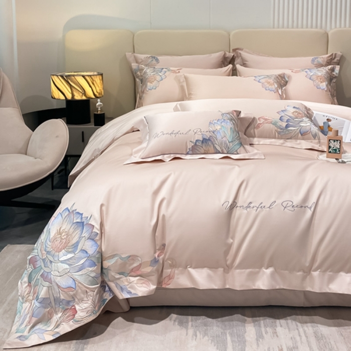 91家纺网 家纺一手货源 找家纺 魅都 新100阿克苏长绒棉刺绣四件套荷塘月色樱花粉