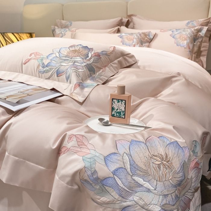 91家纺网 家纺一手货源 找家纺 魅都 新100阿克苏长绒棉刺绣四件套荷塘月色樱花粉