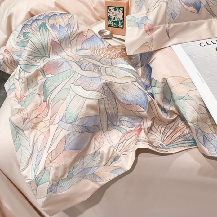 91家纺网 家纺一手货源 找家纺 魅都 新100阿克苏长绒棉刺绣四件套荷塘月色樱花粉