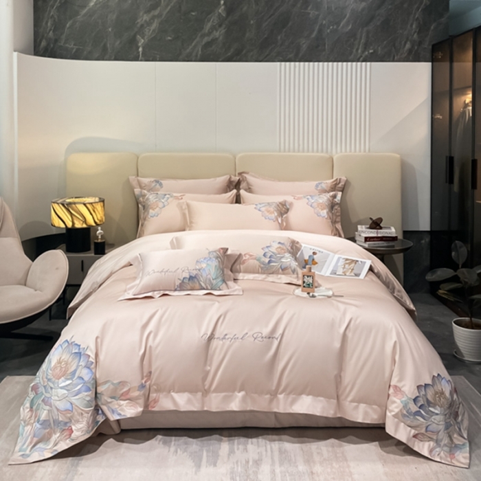 91家纺网 家纺一手货源 找家纺 魅都 新100阿克苏长绒棉刺绣四件套荷塘月色樱花粉